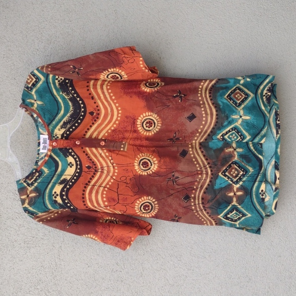 Dee Dee's Colorful Orange Rayon Batik Tropical Print Tunic Top Women's Medium